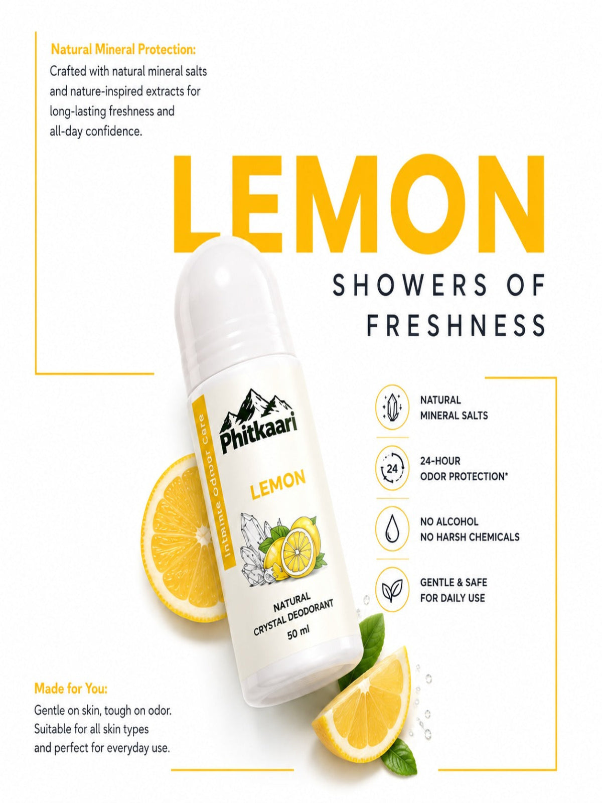 Phitkaari Natural Crystal Alum Based Underarm Roll On Lemon Benefits
