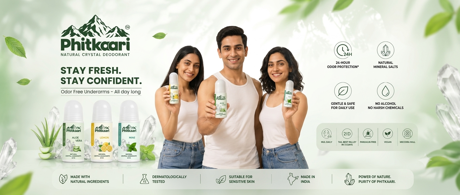 Promotional banner for Phitkaari natural crystal deodorant with people holding the product and greenery.